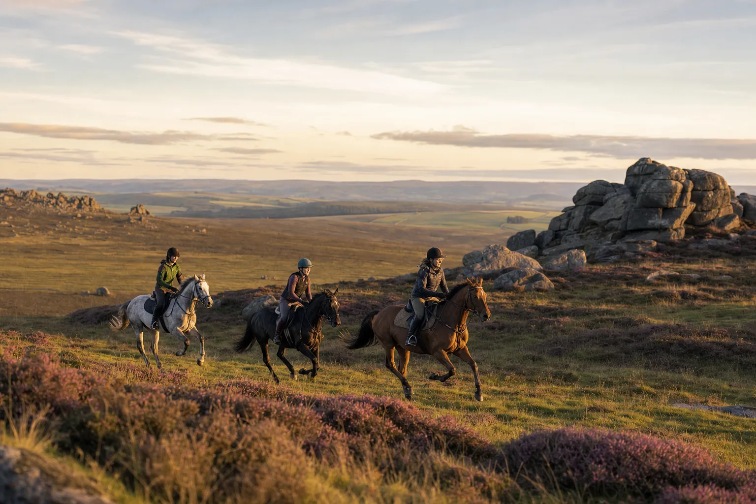 Riders cantering across open moorland in low evening light