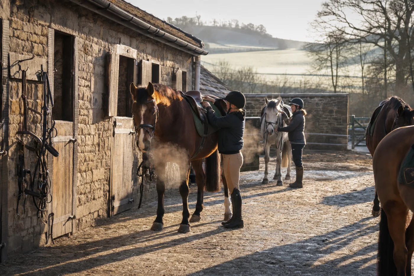 Riders tacking up in a stone stable yard in the morning